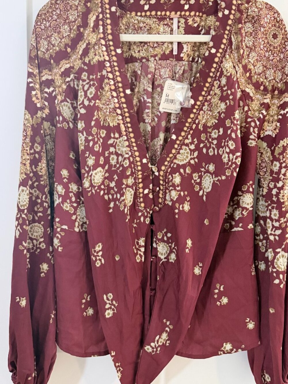 Free People NWT Boho Floral Tie Front Blouse Mauve Long Sleeve Size M